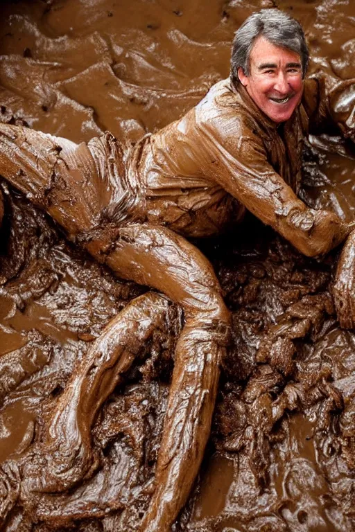 Prompt: randy mantooth covered in mud crawling inside a giant intestine, 4 k, high definition,