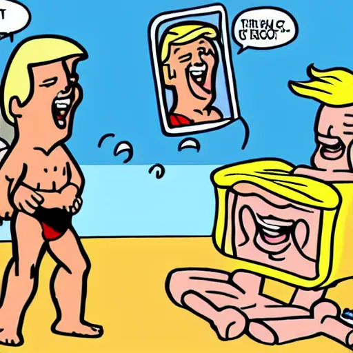 Prompt: tiny person is laughing and pointing at donald trump in a swimsuit. comic strip.