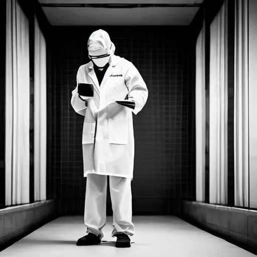 Prompt: a sad surgeon standing in an empty operating theater, award winning photography, law of thirds, black and white