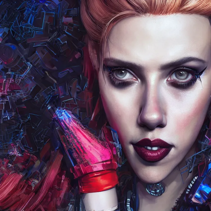 Image similar to portrait of scarlett johansson as a harley quinn. intricate abstract. intricate artwork. by Tooth Wu, wlop, beeple, dan mumford. octane render, trending on artstation, greg rutkowski very coherent symmetrical artwork. cinematic, hyper realism, high detail, octane render, 8k, iridescent accents