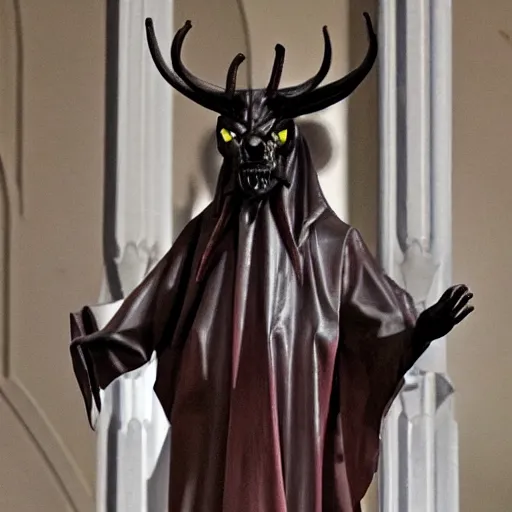 Image similar to satanic demonic creature on a church altar, realistic, horror, evil