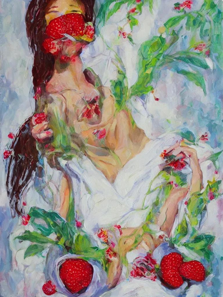 Image similar to “organic, portrait of a woman wearing white silk, neoexpressionist, eating luscious fresh raspberries and strawberries and blueberries, edible flowers, acrylic and oilstick on canvas”