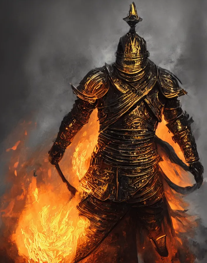 Image similar to the knight of the eternal flame covered in flames wearing detailed gold and black armor like obsidian, dark souls concept art, dramatic lighting, trending on artstation hq, 4 k, uhd