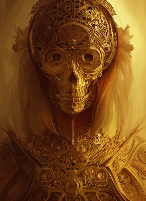 Prompt: symmetry!! portrait of golden skull, fantasy, medieval wear, intricate, elegant, highly detailed, digital painting, artstation, concept art, smooth, sharp focus, illustration, art by artgerm and greg rutkowski and alphonse mucha