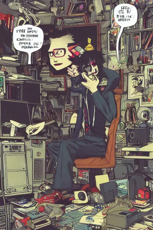 Prompt: goth nerd guy in cluttered room by jamie hewlett and artgerm, cel shading, toon shading, detailed,