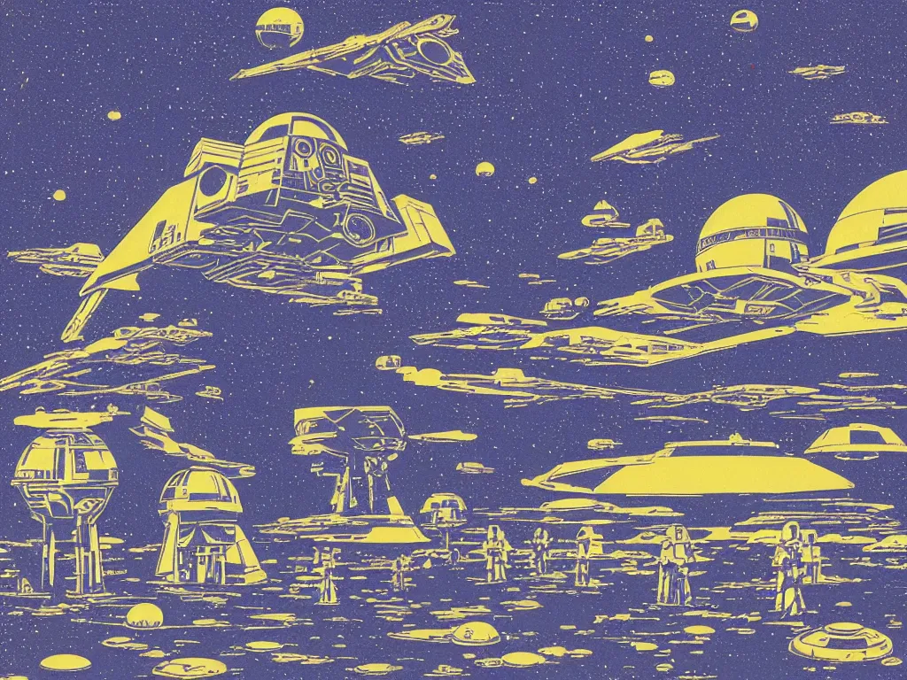 Prompt: the perfect star wars spaceship flying and squirting fluorescent liquid in the universe, small reflecting rainbow stars, flat design, screen print by Kawase Hasui and Yves Klein, in the foreground is a floating skeleton by James Gurney