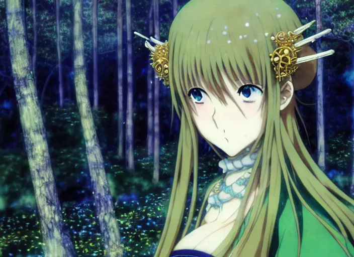 Prompt: anime portrait of the priestess in the forest, enchanted, magic, digital, concept art, Kyoto animation,last exile, blue submarine no. 6, katsura masakazu,tsutomu nihei, gustav klimt,loish, murata range, kawaii, studio lighting, manga, bright colors, anime,beautiful, 35mm lens,noir, vibrant high contrast, gradation, jean giraud, moebius, fantasy, rule of thirds, unreal engine, fibonacci, intricate, cel shaded, blender npr, flat, matte print, smooth, Ilya Kuvshinov, Tsuruta Kenji