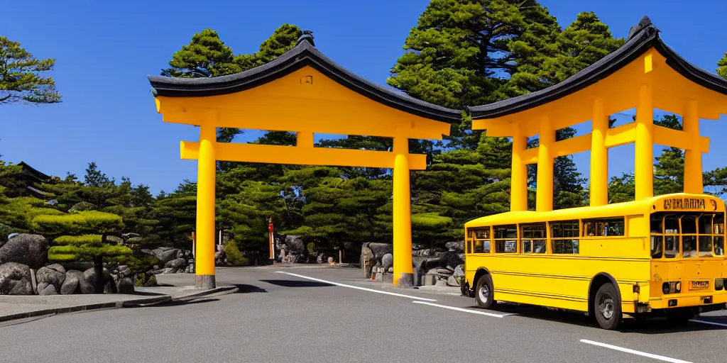 Prompt: Yellow school bus, driving towards a red japanese Torii gate at Mount Fuji location in Japan, ray tracing