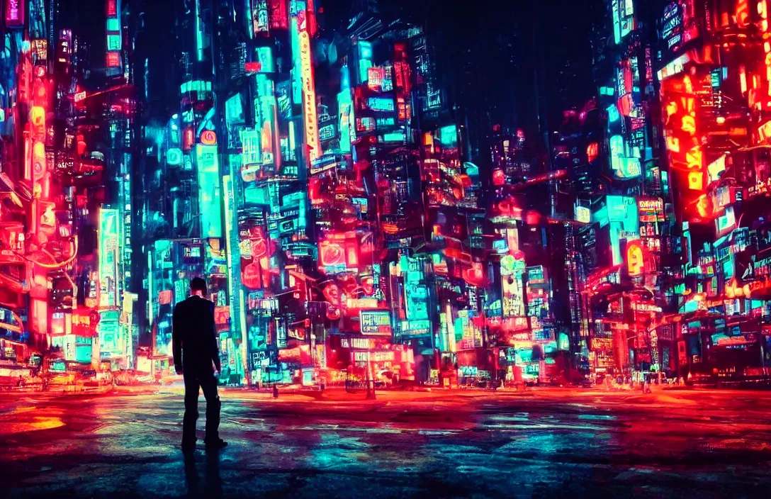 Prompt: one man standing in front of a cyberpunk city, in the center of the image, neon lights, bokeh, award wining photograph, movie still,