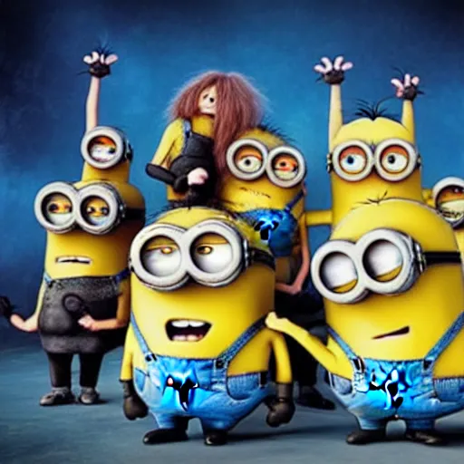 Image similar to minions as a heavy hair metal band from 8 0 s playing their concert on stadium