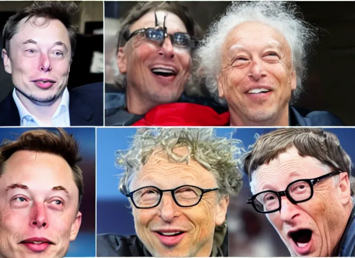 Image similar to elon musk and bill gates and einstein swim together. perfect faces.