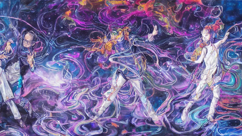 Image similar to a detailed painting of two people dressed as gen z dancing togheter in a nightclub, inspired by yoshitaka amano enveloped in trails of colorful animal ghosts floating around them. clean painting, realistic and auora lighting. dark blue and intense purple color palette, art by yoshiyuki tomino, 8 k