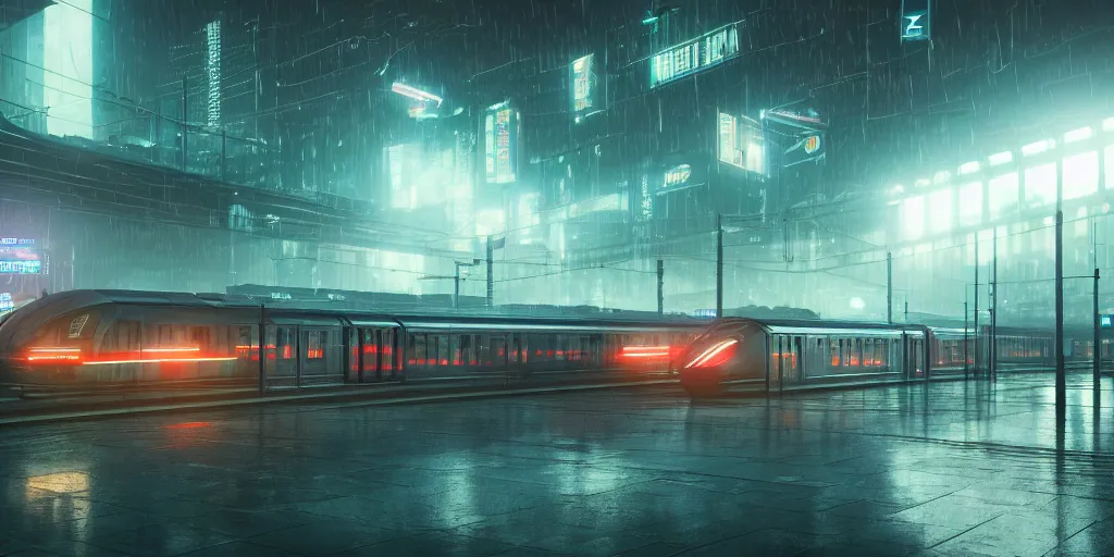 Image similar to !Train station!, futuristic bladerunner, trains, cyberpunk, train station in the rain at night, volumetric lighting, 4K, Spherical, Panorama, RealityEngine, PhotoRender, hyperdetailed, cinematic