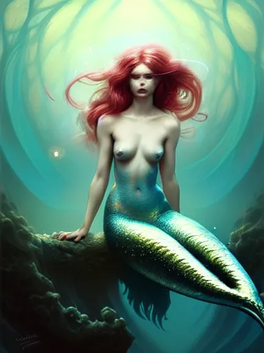 Prompt: mermaid by james jean, charlie bowater, tom bagshaw, nikolay makovsky, melanie delon : : enchanting, ethereal, magical, glowing, sparkle, prismatic, portrait, character design, illustration, hyperrealism, photorealism, digital art, concept art, dark fantasy, whimsy, weta, wlop, artstation