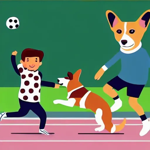 Image similar to illustration of french boy in paris playing football against a corgi, the corgi is wearing a polka dot scarf