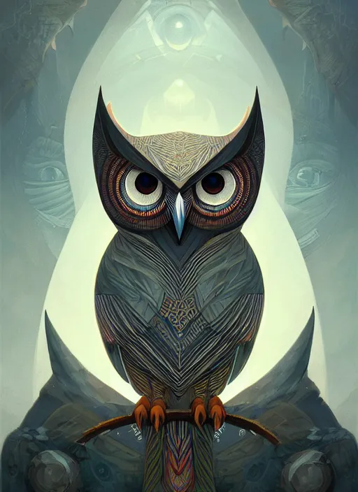 Image similar to portrait of a geometric owl, identical eyes, medium shot, illustration, full body made of white feathers, symmetrical, art stand, super detailed, cinematic lighting, and its detailed and intricate, gorgeous, by peter mohrbacher