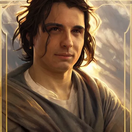 Prompt: painting ricardo milos as prisoner of azkaban. cheerful. happy. art by artgerm and greg rutkowski and alphonse mucha. during golden hour. extremely detailed. beautiful. 4 k. award winning.