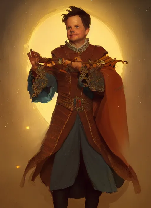 Prompt: illustration of michael j fox as a bard dressed in renaissance clothing with a goatee, by greg rutkowski artstation