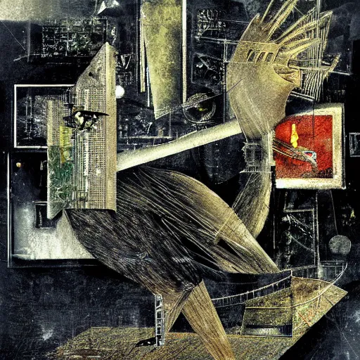 Image similar to a mechanical bird wanders between the virtual realms of urban informatics and computational social science, collage artwork by dave mckean and ivan shishkin and roberto matta