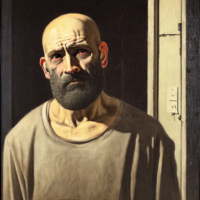 Prompt: realist painted portrait of a rugged bald middle aged man with an aquiline face, broken nose, and greying beard, standing in a dark doorway