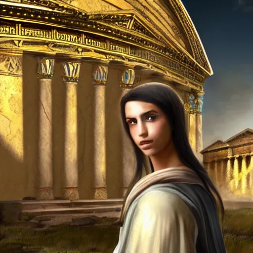 Image similar to young ancient greek woman in golden helmet, giant grey-haired bearded male face in the sky, marble pantheon palace in the sky, clouds background, epic fantasy style art, fantasy epic digital art