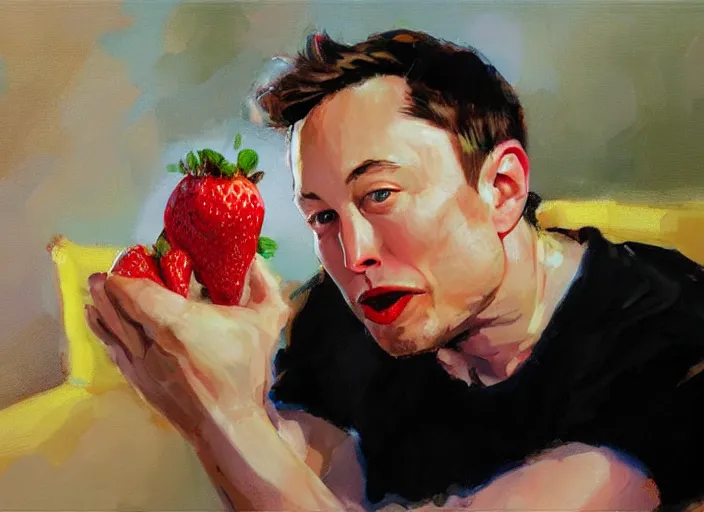 Image similar to a highly detailed beautiful portrait of elon musk eating strawberry by gregory manchess, james gurney, james jean