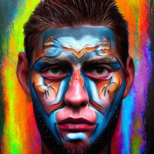 Prompt: a man with painted face and body art, a character portrait by sam spratt, featured on cgsociety, psychedelic art, detailed painting, behance hd, apocalypse art