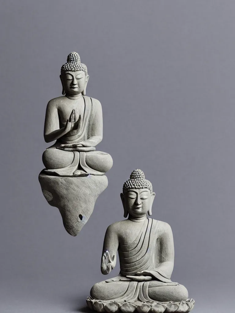 Prompt: beautiful sculpture of meditating buddha holding a smartphone, in a gallery setting. professional studio photo, full object in middle, soft lighting, centered, 1 5 0 mm lens, high definition