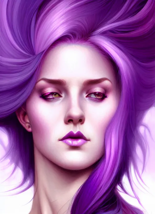 Image similar to Purple hair relistic Portrait of woman with bright colored hair, all shades of purple. Beauty face, Hair coloring, fantasy, intricate, elegant, highly detailed, digital painting, artstation, concept art, smooth, sharp focus, illustration, art by artgerm and greg rutkowski and alphonse mucha