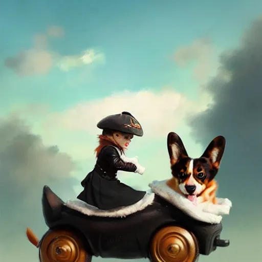 Prompt: tiny cat girl in small hat riding on the back of a giant corgi by greg rutkowski