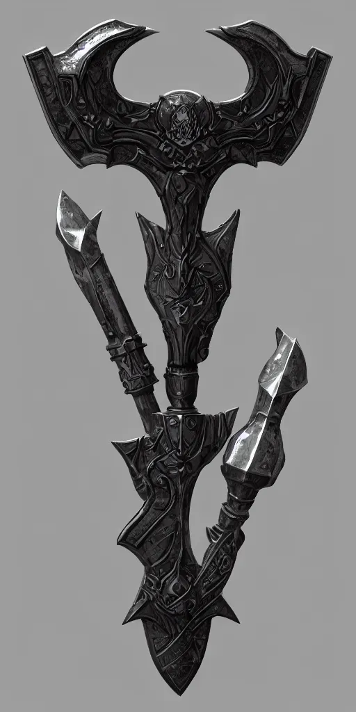 Image similar to a black and silver axe skull crest, ornament, dwarven weapon, by dom qwek, trending on artstation, hard surface modeling, axe, ax