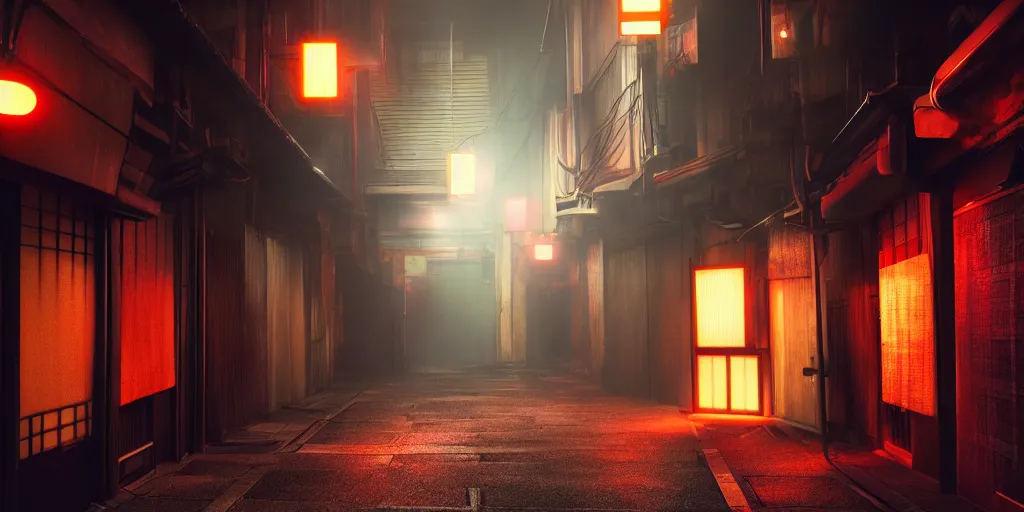 Image similar to a japanese alleyway filled with ghosts, in the style of blade runner 2049, volumetric lighting