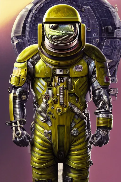 Prompt: a portrait of a muscular anthropomorphic cyberpunk gecko lizard with big head in spacesuit armor with ensignia on chest plate by sandra chevrier, by jon foster, detailed render, pistol in holster, tape deck, epic composition, cybernetics, 4 k realistic, cryengine, realistic shaded lighting, sharp focus, masterpiece, by enki bilal