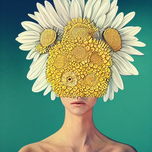 Image similar to closeup, huge daisy flower head, woman in modern apartment, surreal photography, dramatic light, by victo ngai by james jean, by rossdraws, frank franzzeta, mcbess