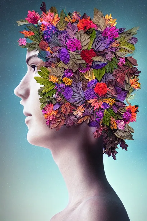 Prompt: a womans face in profile, made of flowers and leaves, hyperrealistic still life portrait of a mind exploding inside of a serene temple, beautiful plans, sacred geometry, light refracting through prisms in a tesseract, fine art with subtle redshift rendering, by carvaggio