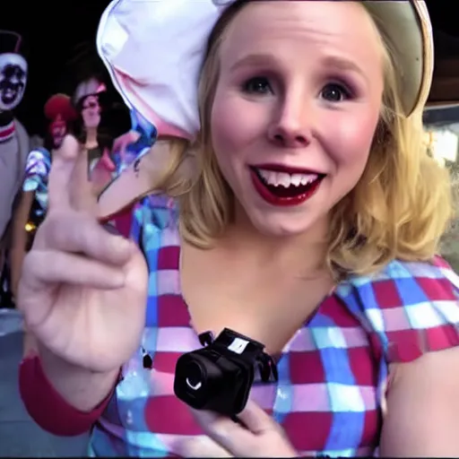 Image similar to gopro video of obese kristen bell in clowncore makeup