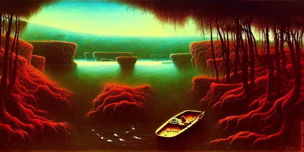 Image similar to A very detailed painting in the style of Beksinski featuring a river in Europe surrounded by trees and fields. A rubber dinghy is slowly moving through the water. Sun is shining