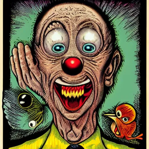 Image similar to tweety bird body horror portrait technicolor r. crumb