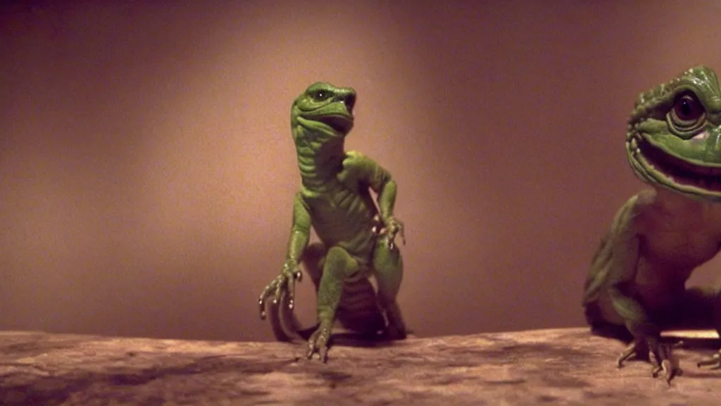 Prompt: a pepe listening to a reptilian humanoid, reptoids, archons, saurians, draconians, reptile, reptilian, draconian, movie still, cinematic composition, cinematic light, criterion collection, reimagined by industrial light and magic, Movie by David Lynch and Ridley Scott