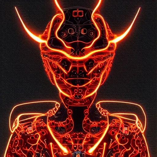 Image similar to a stylized minimalist horneded cybernetic demon, circuitry, klimt, royo, behance, global illumination