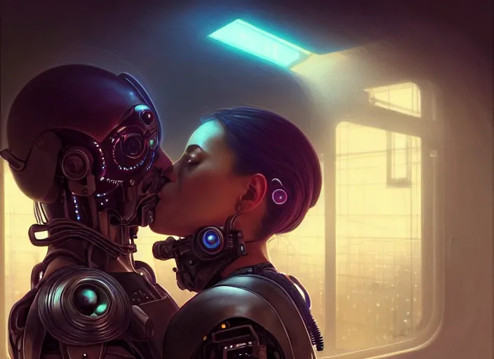 Image similar to ultra realistic medium shot of a couple of cyborgs kissing, lovers, cyberpunk, sci - fi, fantasy, kodak, colour led, soft light, volumetric lighting, fog, rays, night, intricate, highly detailed, digital painting, concept art, smooth, sharp focus, illustration, art by artgerm and greg rutkowski and alphonse mucha