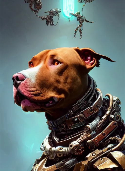 Prompt: portrait of a pitbull, robot steampunk, floral! horizon zero dawn machine, intricate, elegant, highly detailed, ray tracing, digital painting, artstation, concept art, smooth, sharp focus, illustration, art by artgerm and greg rutkowski and alphonse mucha, 8 k