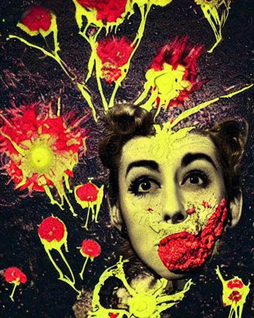 Prompt: nuclear explosion, different women's faces, cut and paste collage, mutated flowers, soft glow, 1 9 5 0 s, scary, gritty texture, radioactive, stressed emotions