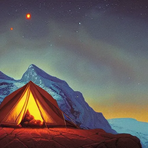 Prompt: artwork of a tent on top of a mountain at night next to a campfire, art by tim hildebrandt, deep depth of field. highly detailed, hyper realism, hd, 4 k