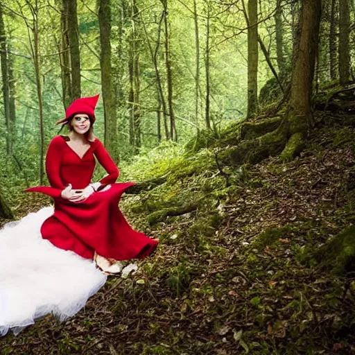 Image similar to photograph of gemma arterton, dressed as an elf in a long rainbow wedding gown, sitting in a colorful forest