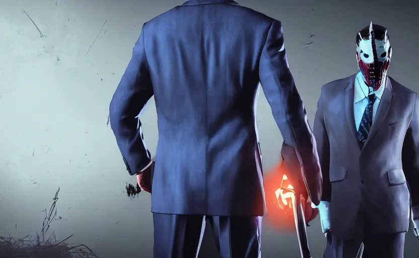 Image similar to cinematic view from behind a dead by daylight killer lawyer wearing a blue business suit, character portrait, digital art