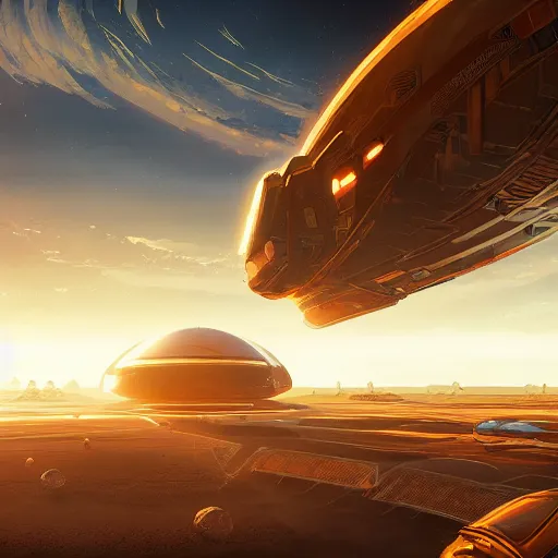 Prompt: a spaceport environment invaded by dark aliens, background art, pristine concept art, small, medium and large design elements, golden hour, in the style of WLOP and Ross Tran