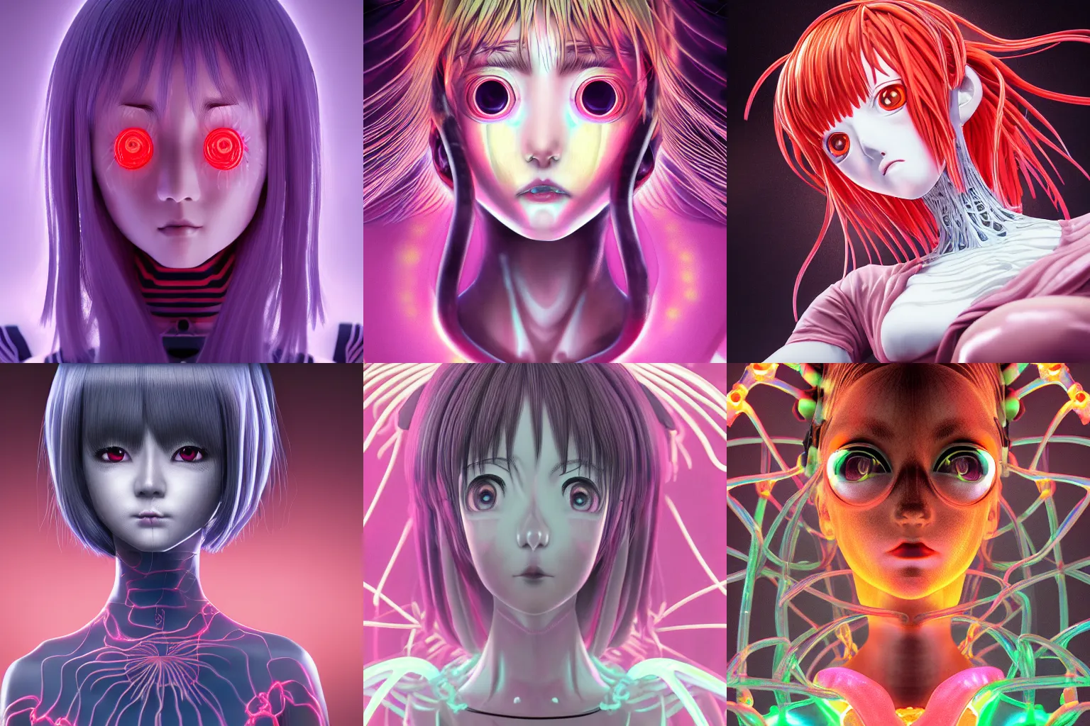 Prompt: intricate anime girl junji ito, ilya kushinov, neon genesis evangelion, jellyfish bio-mechanical, bio-luminescence, octane render, trending on artstation, hyper realism, 8k, fractals, pattern