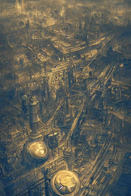 Prompt: aerial vue of steampunk paris, intricate details, realistic shaded , steampunk, highly detailed, artstation, pretty pretty face, illustration by Schuiten, art nouveau, octane render, dynamic light, volumetric light, neon lights, cinematic mood