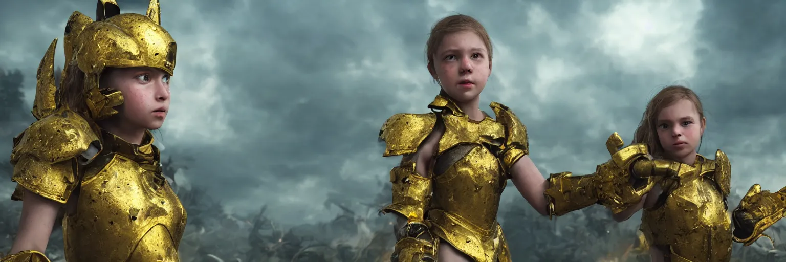 Prompt: a single young girl wearing a gold armor standing in a battlefirld, surrounded by dead bodies, extremely realistic and highly detailed 8 k, sharp focus, octane render, dramatic volumetric lighting and extremely realistic faces